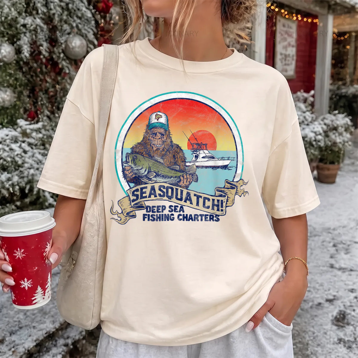 SeaSquatch Bigfoot Fishing T-Shirt Women model in Ivory