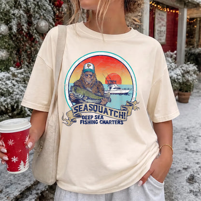 SeaSquatch Bigfoot Fishing T-Shirt Women model in Ivory