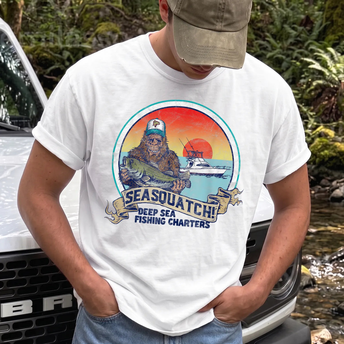 SeaSquatch Bigfoot Fishing T-Shirt Men model in White