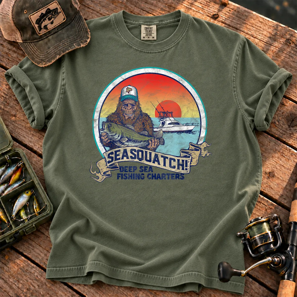 SeaSquatch Bigfoot Fishing T-Shirt in Moss