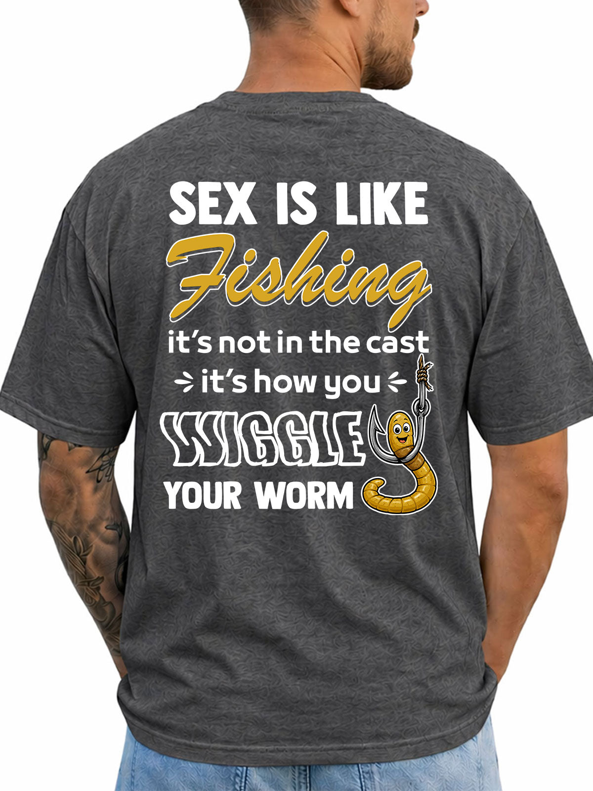 Charcoal T-shirt back with cast-and-worm adult fishing joke and cartoon worm on a hook