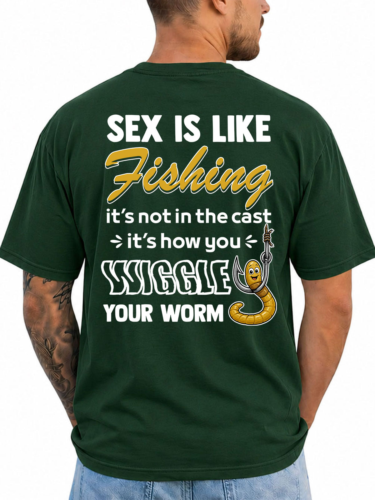 Forest Green T-shirt back with cast-and-worm adult fishing joke and cartoon worm on a hook