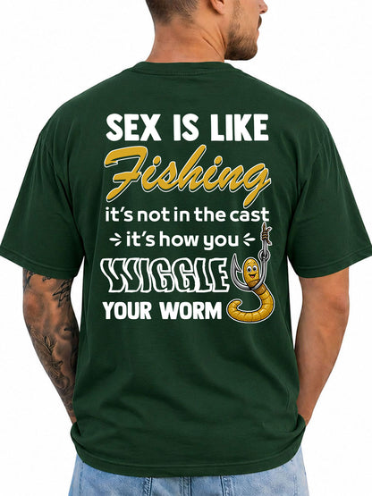 Forest Green T-shirt back with cast-and-worm adult fishing joke and cartoon worm on a hook