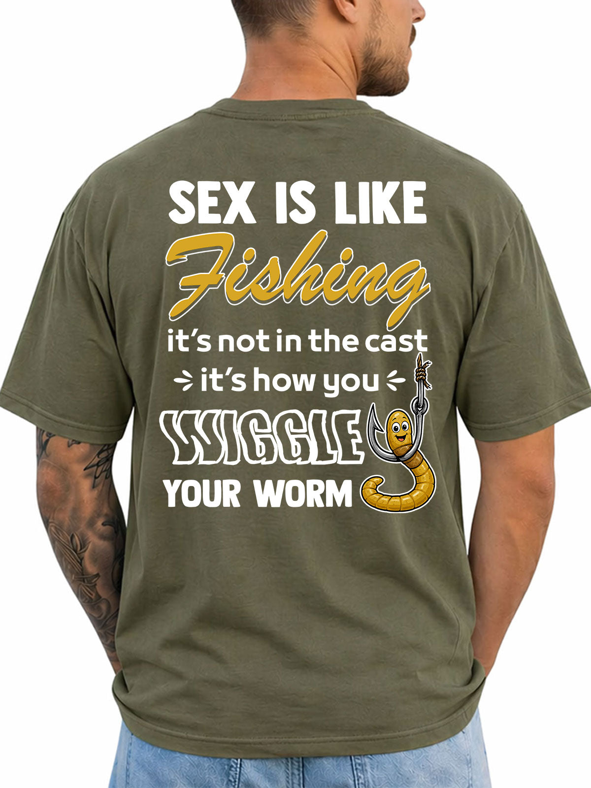 Military Green T-shirt back with cast-and-worm adult fishing joke and cartoon worm on a hook