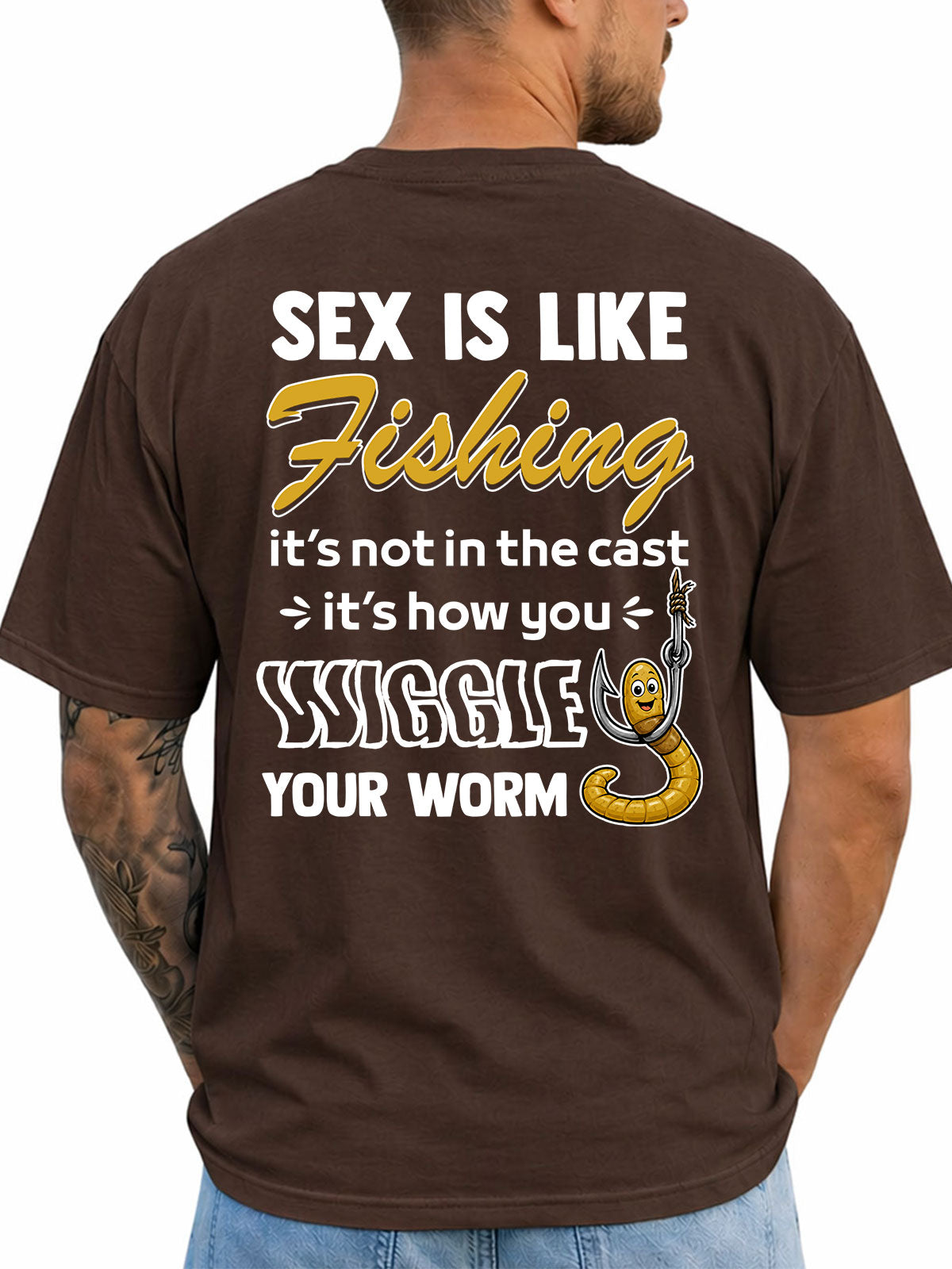Dark Chocolate T-shirt back with cast-and-worm adult fishing joke and cartoon worm on a hook