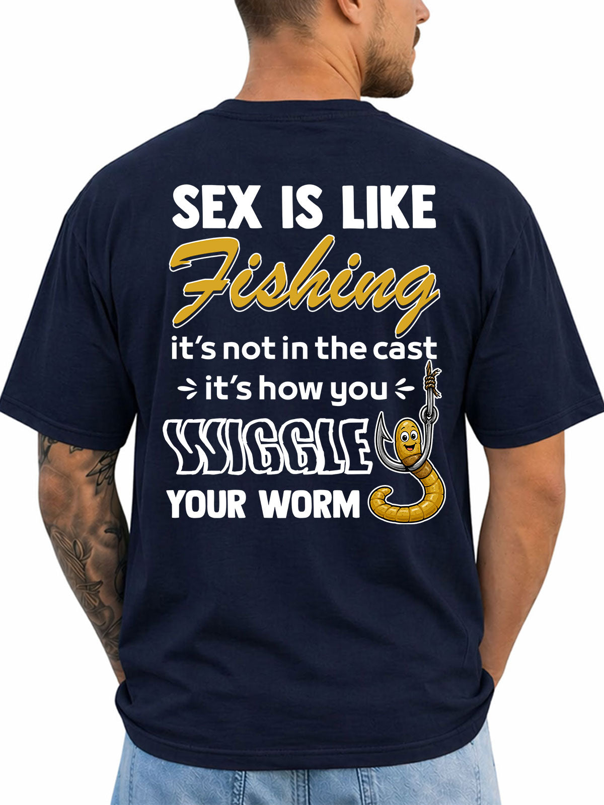 Navy T-shirt back with cast-and-worm adult fishing joke and cartoon worm on a hook