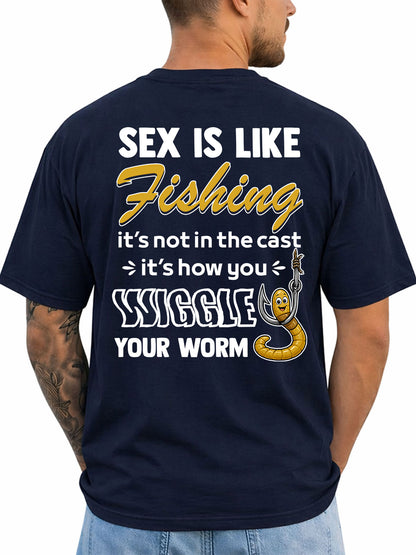 Navy T-shirt back with cast-and-worm adult fishing joke and cartoon worm on a hook