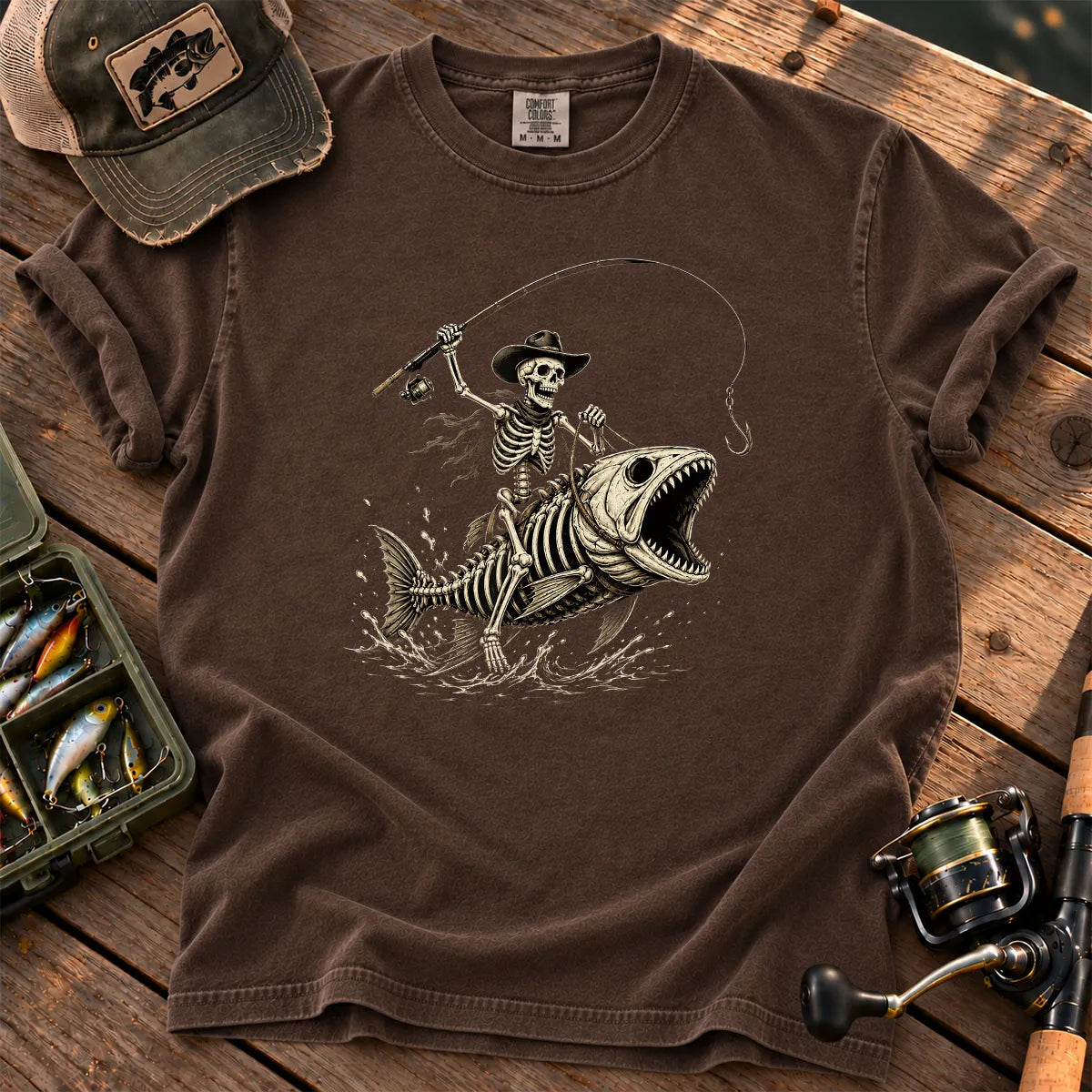 Skeleton Bass Fishing T-Shirt in Espresso