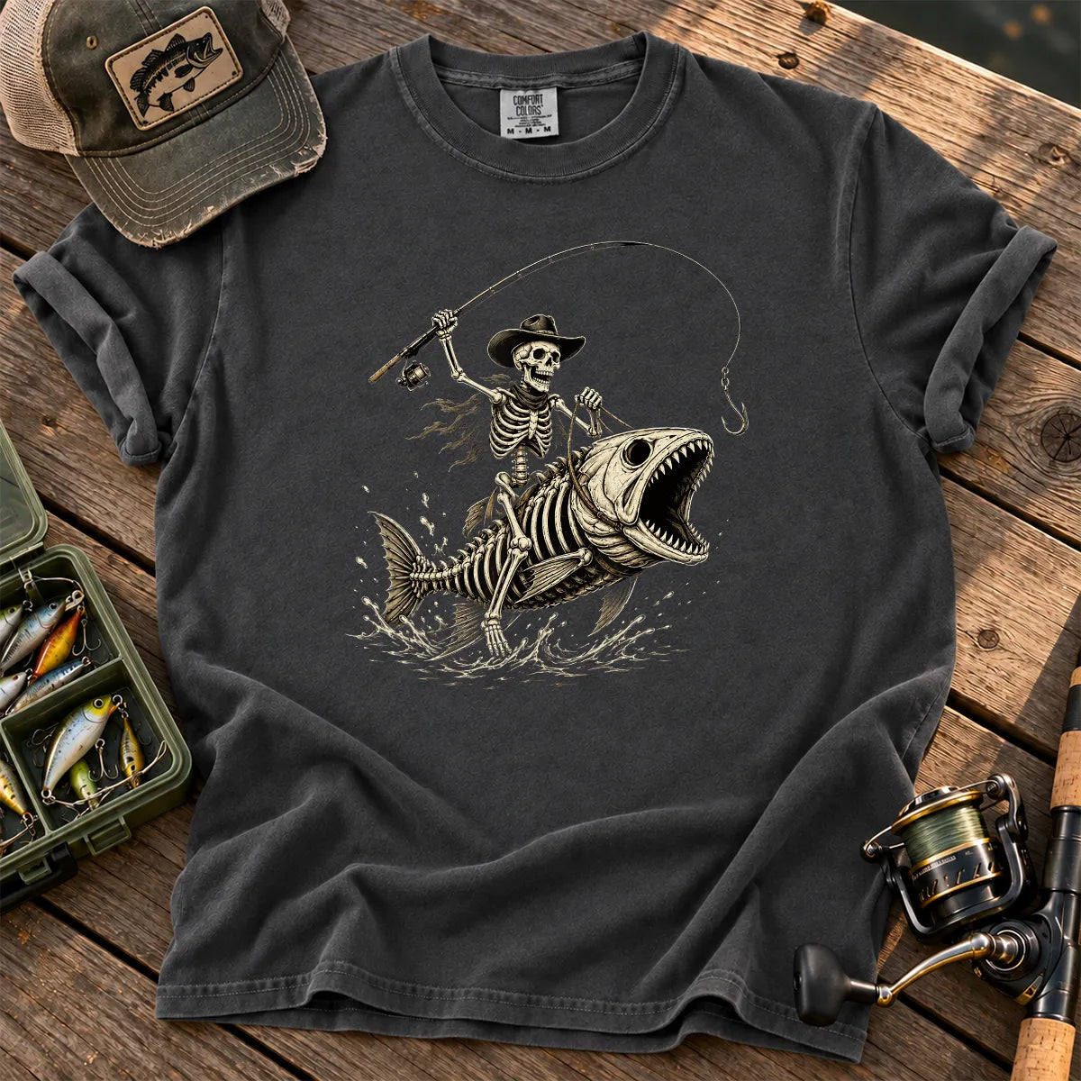 Skeleton Bass Fishing T-Shirt in Pepper