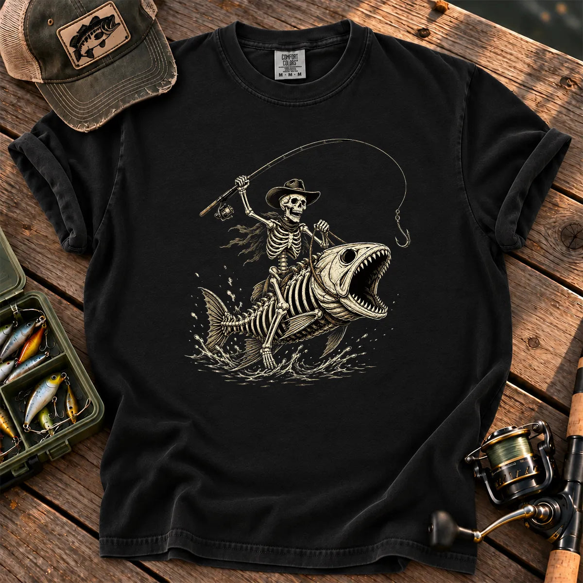 Skeleton Bass Fishing T-Shirt in Black