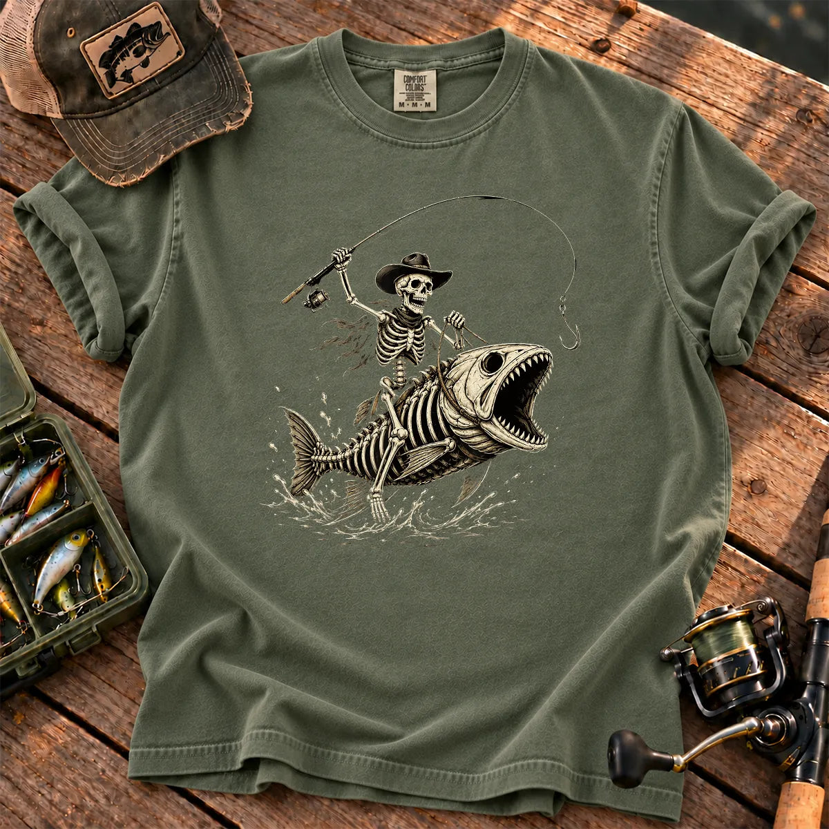 Skeleton Bass Fishing T-Shirt in Moss