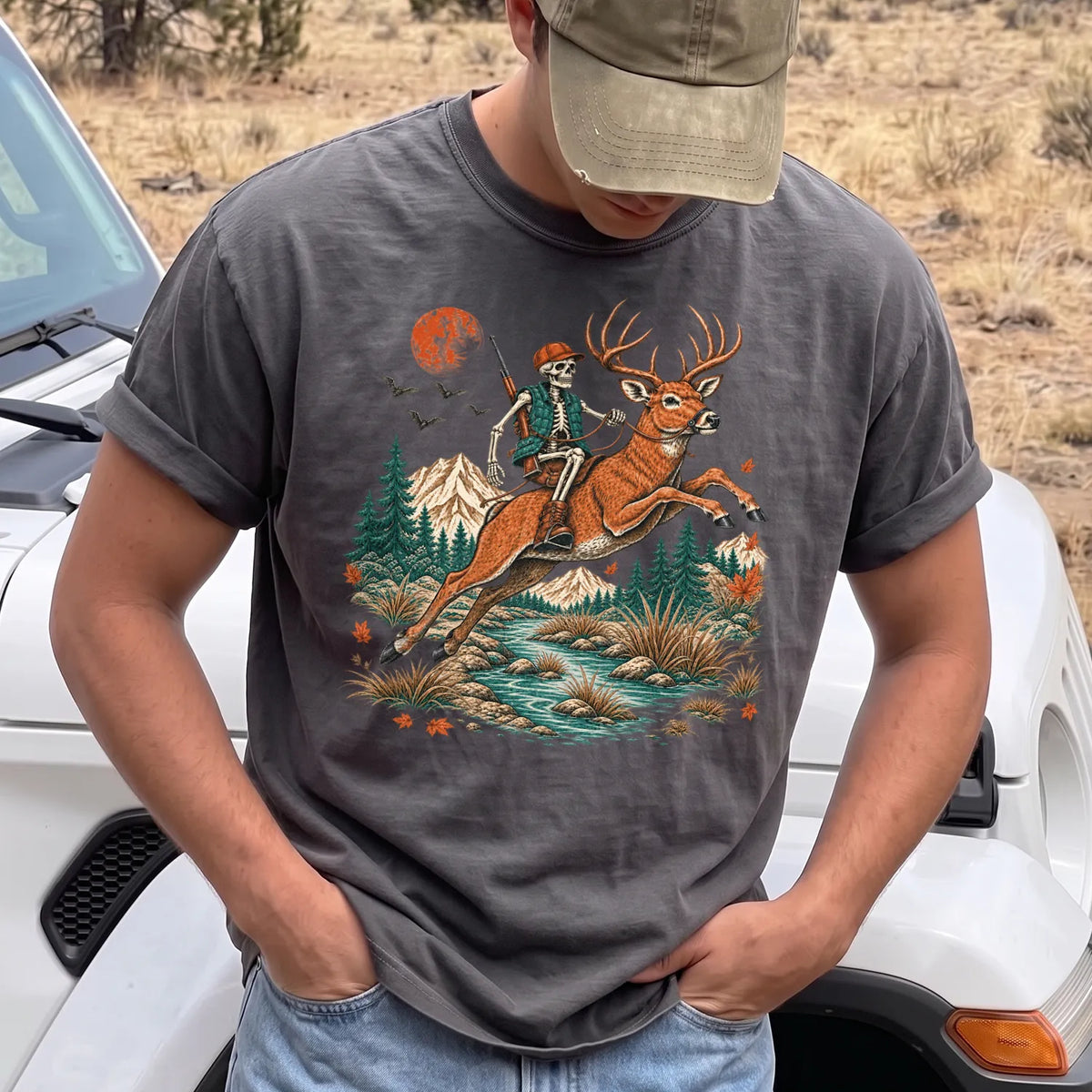 Skeleton Deer Hunting T-Shirt Men model in Pepper