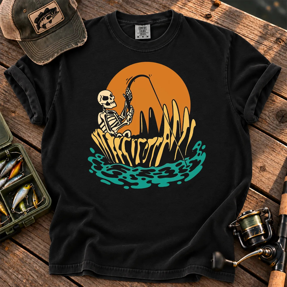 Skeleton Sunset Fishing T-Shirt in Black