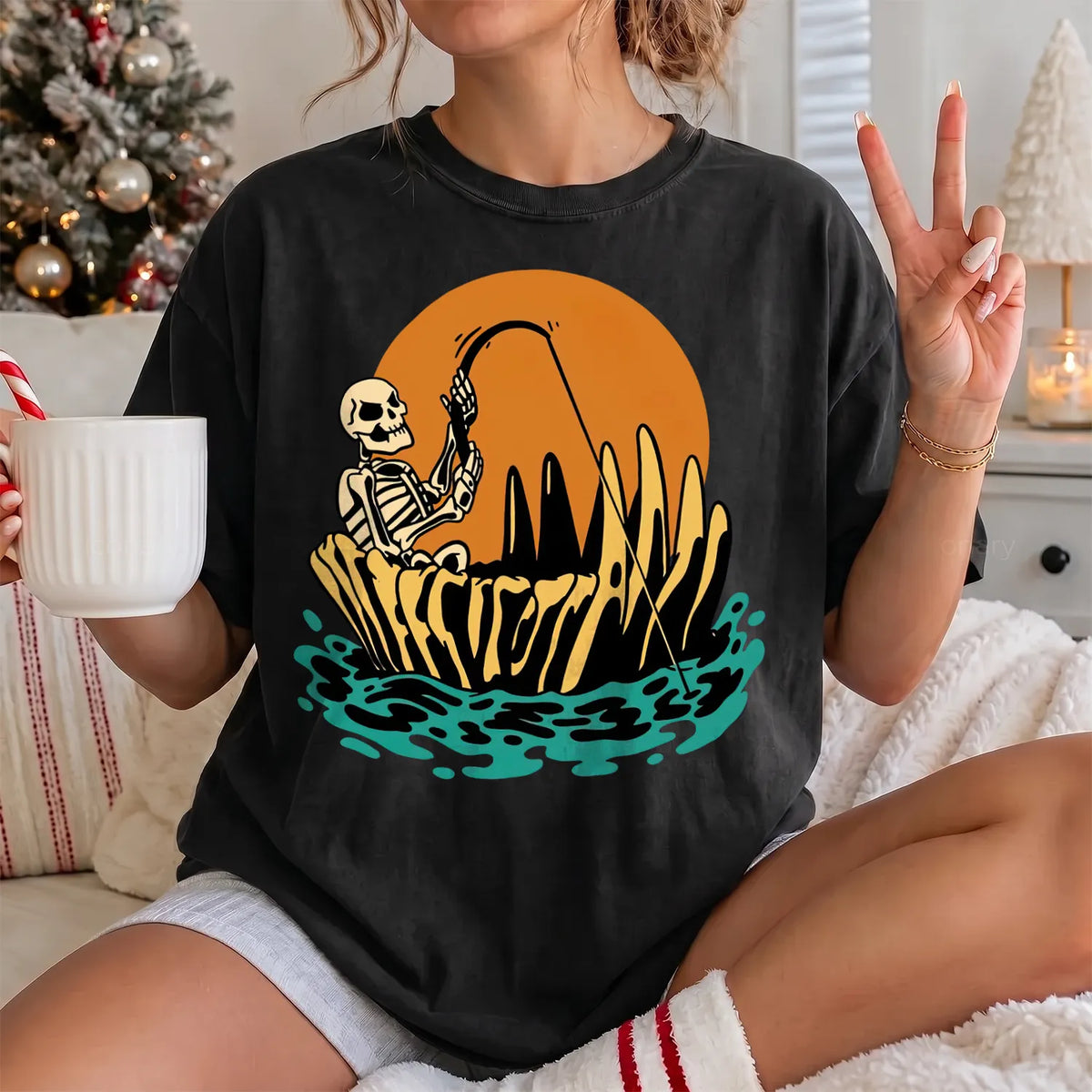 Skeleton Sunset Fishing T-Shirt Women model in Black