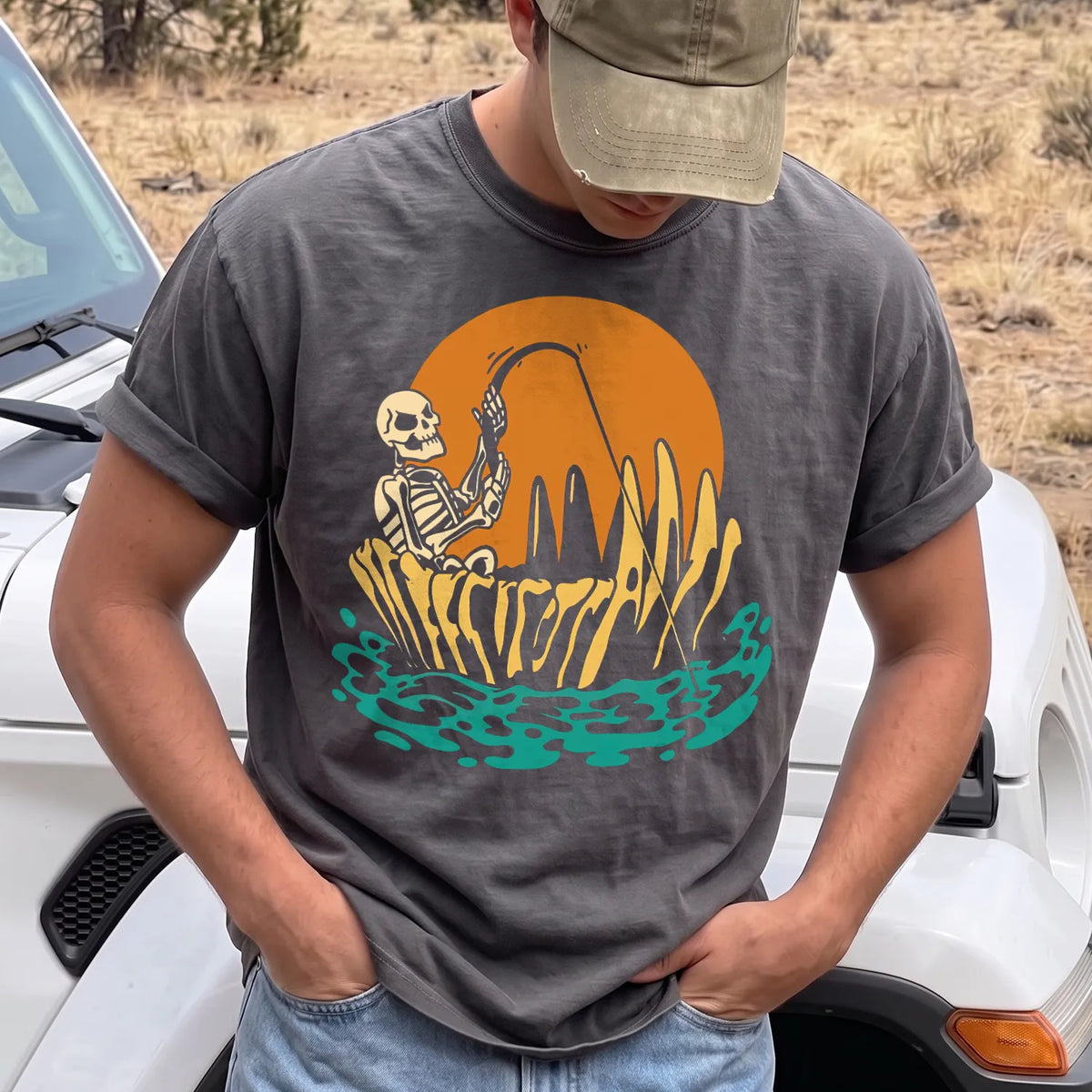 Skeleton Sunset Fishing T-Shirt Men model in Pepper