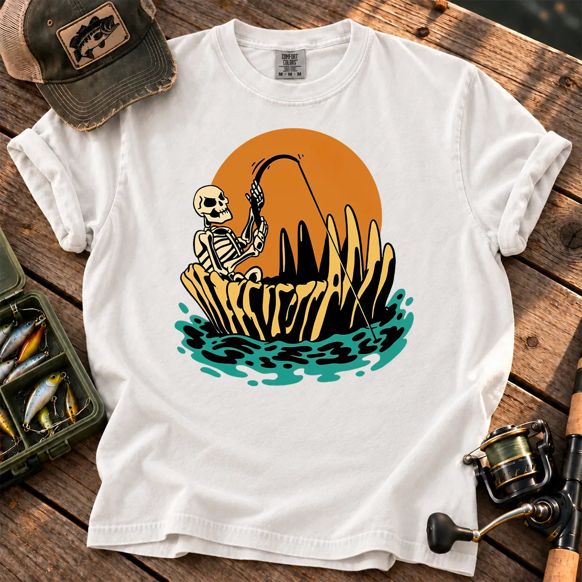 Skeleton Sunset Fishing T-Shirt in White