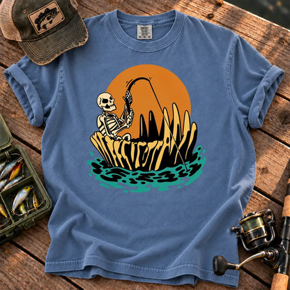 Skeleton Sunset Fishing T-Shirt in Blue Jean