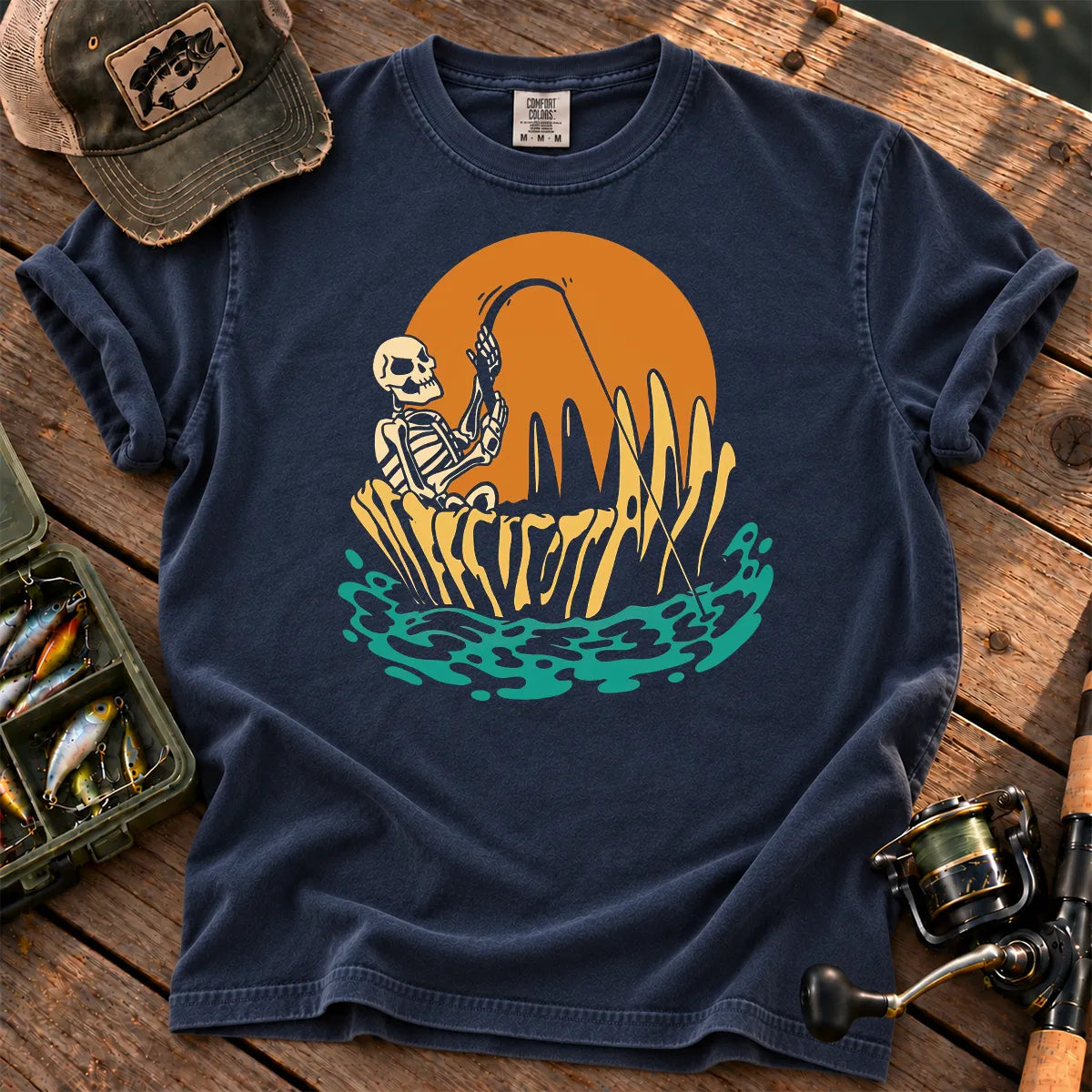 Skeleton Sunset Fishing T-Shirt in True Navy