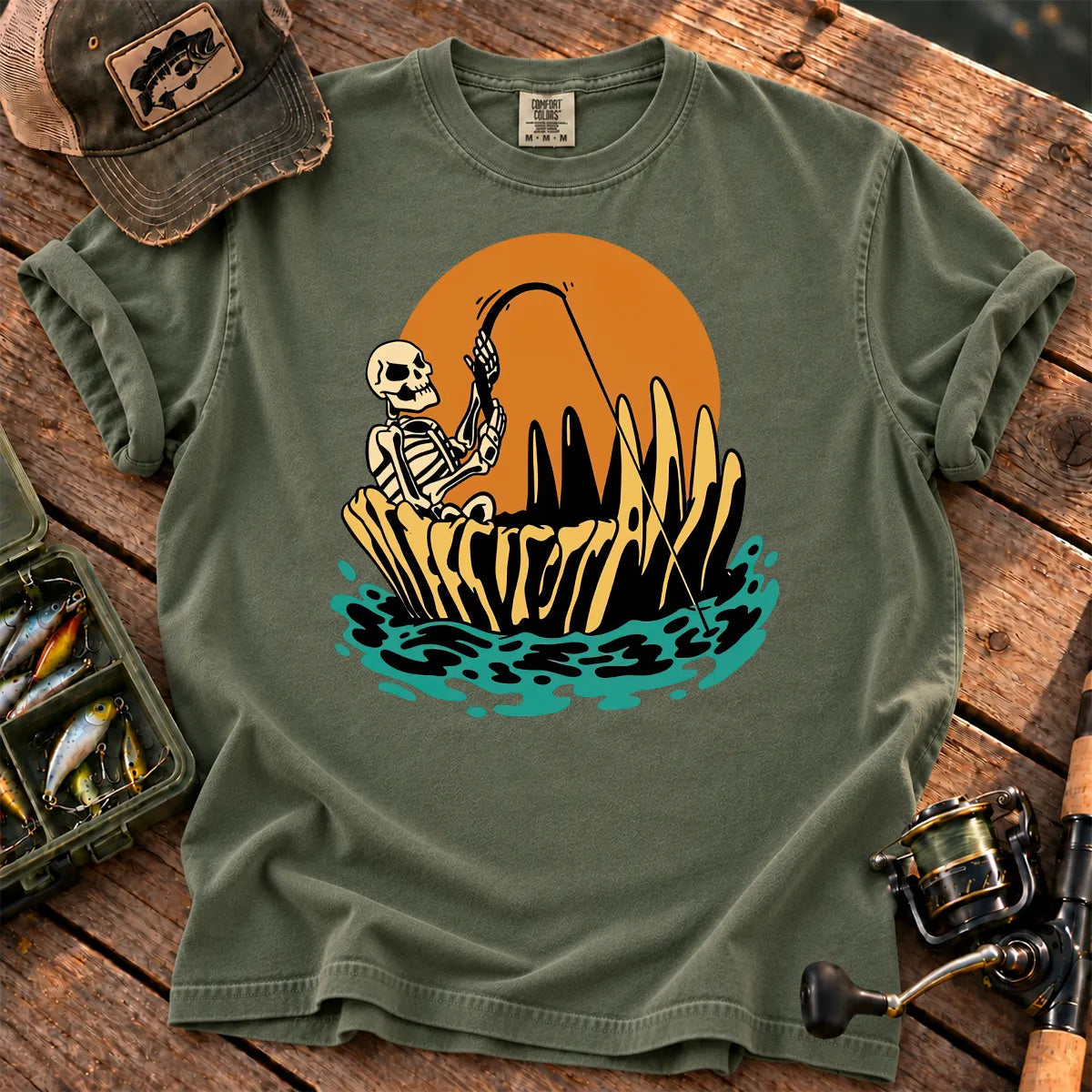 Skeleton Sunset Fishing T-Shirt in Moss