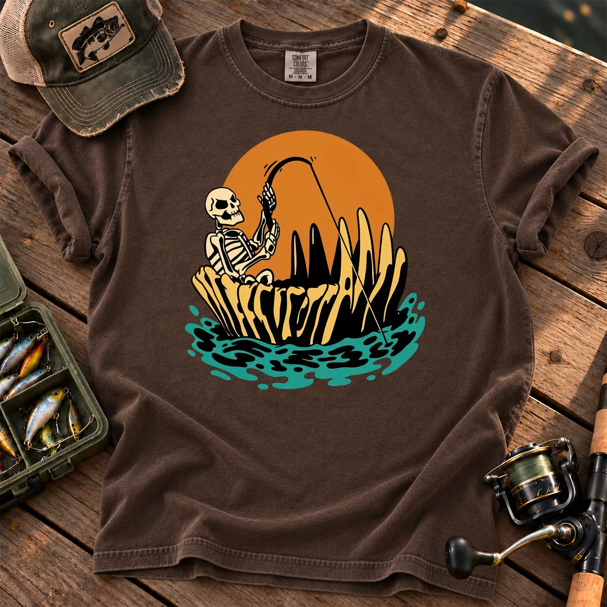 Skeleton Sunset Fishing T-Shirt in Espresso