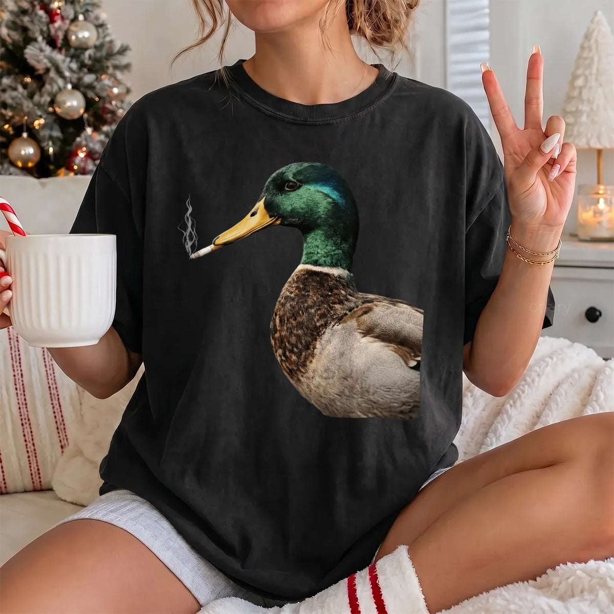 Smoking Mallard Duck T-Shirt Women model in Black