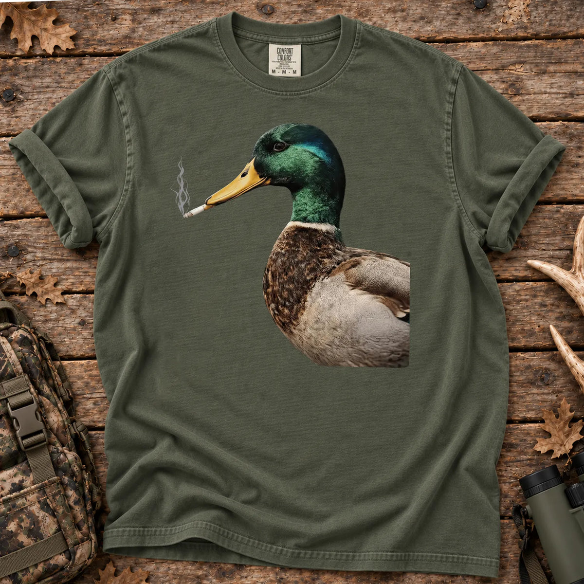 Smoking Mallard Duck T-Shirt in Moss