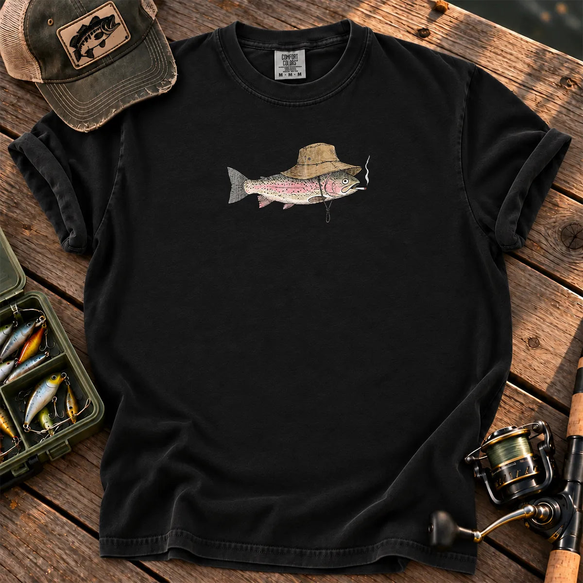 Smoking Trout Bucket Hat T-Shirt in Black