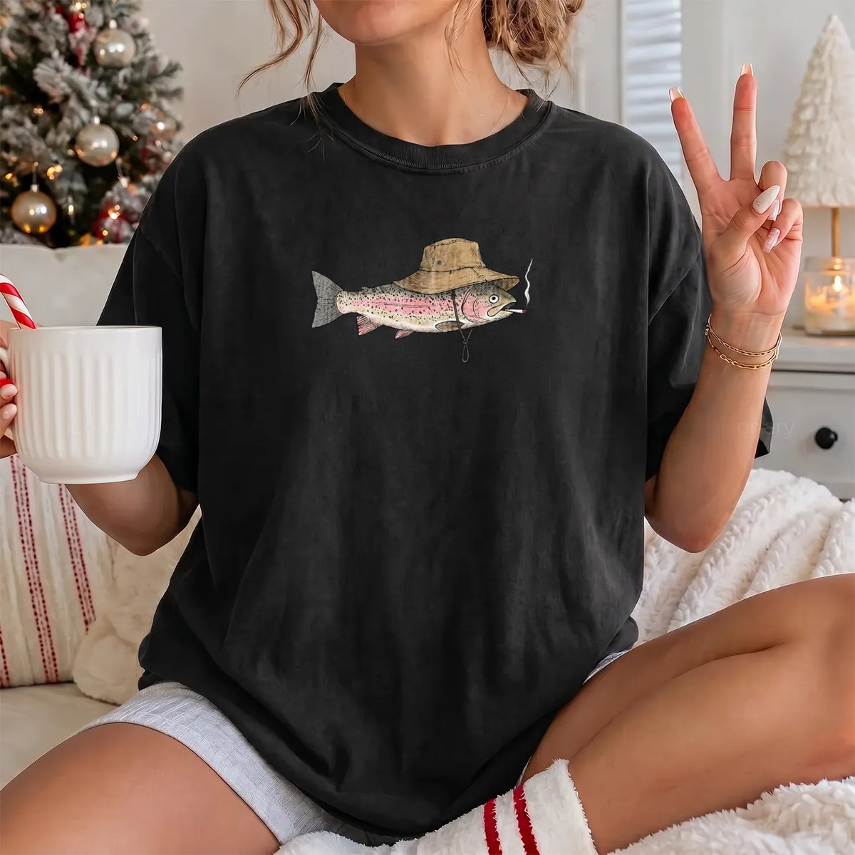 Smoking Trout Bucket Hat T-Shirt Women model in Black