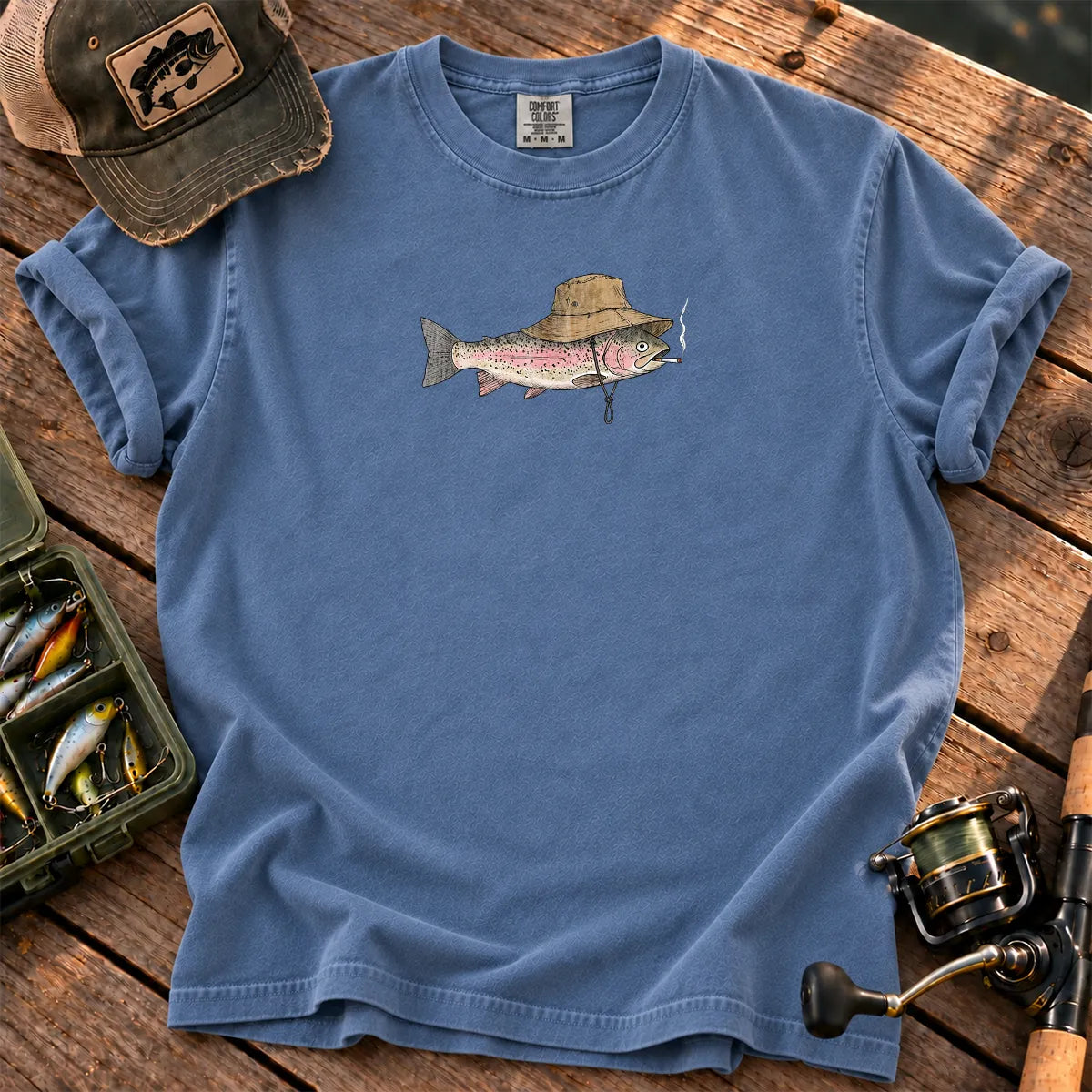 Smoking Trout Bucket Hat T-Shirt in Blue Jean