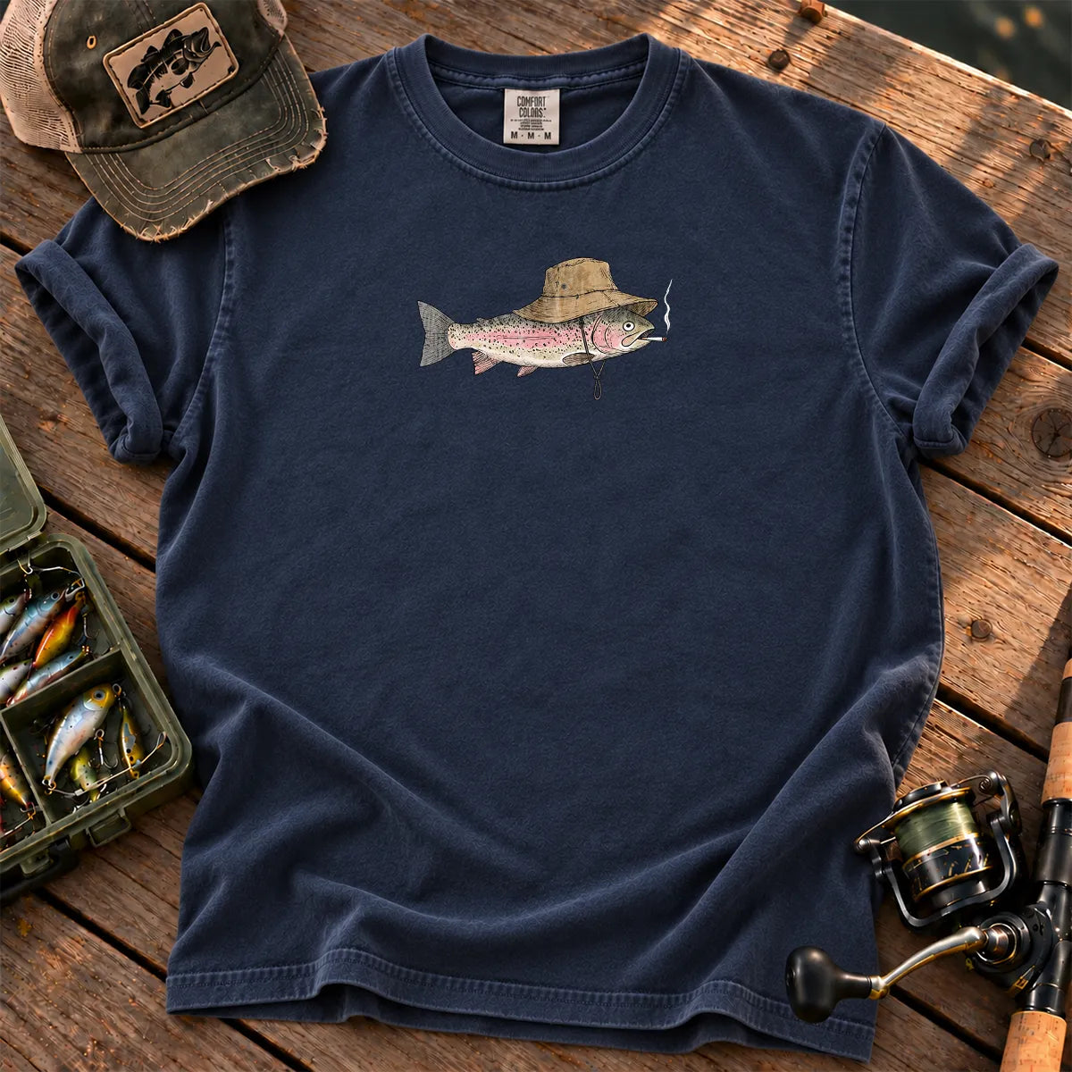 Smoking Trout Bucket Hat T-Shirt in True Navy