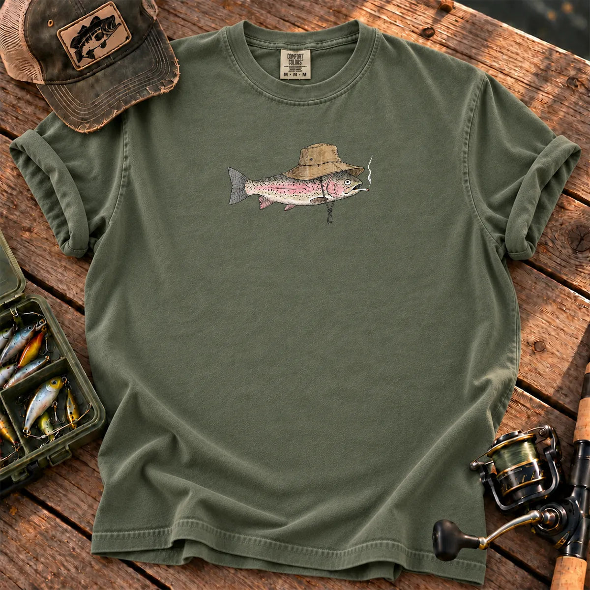 Smoking Trout Bucket Hat T-Shirt in Moss