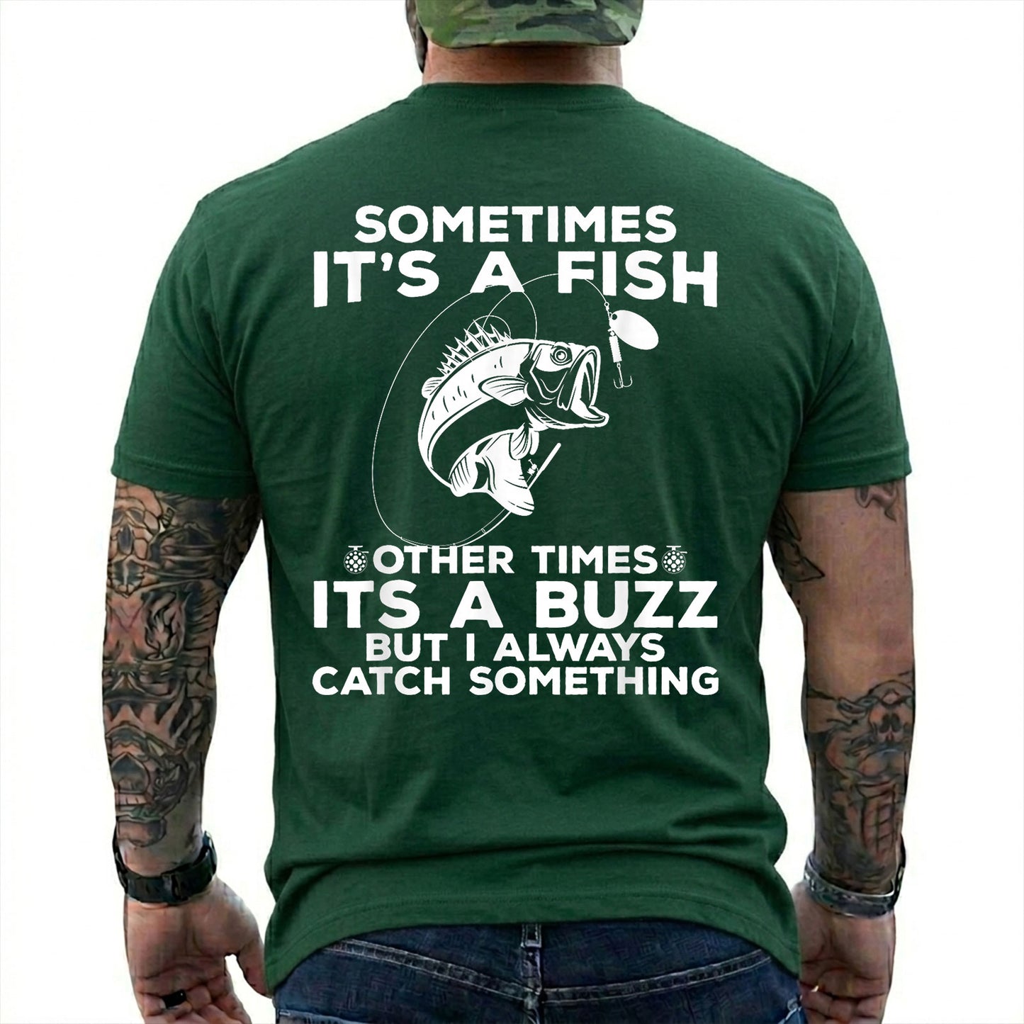 Navy T-shirt back with jumping bass, bobber, and Sometimes Fish Other Times Buzz back graphic