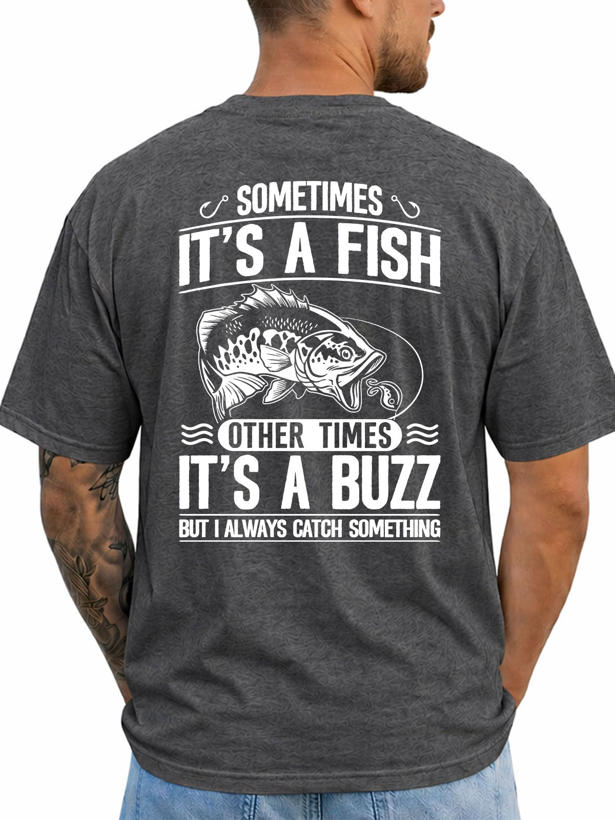 Dark Heather T-shirt back with bass, lure, and fish-or-buzz adult fishing joke