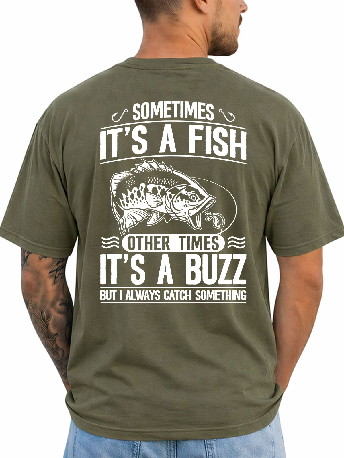 Military Green T-shirt back with bass, lure, and fish-or-buzz adult fishing joke