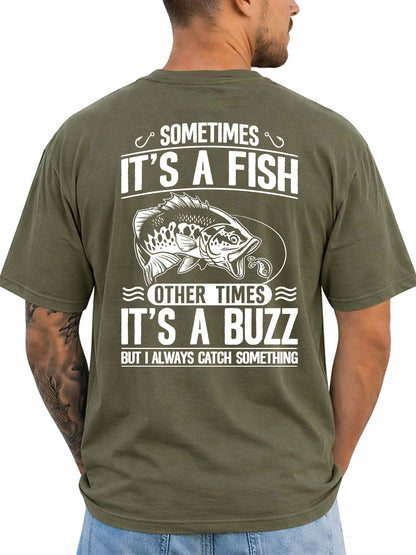 Military Green T-shirt back with bass, lure, and fish-or-buzz adult fishing joke