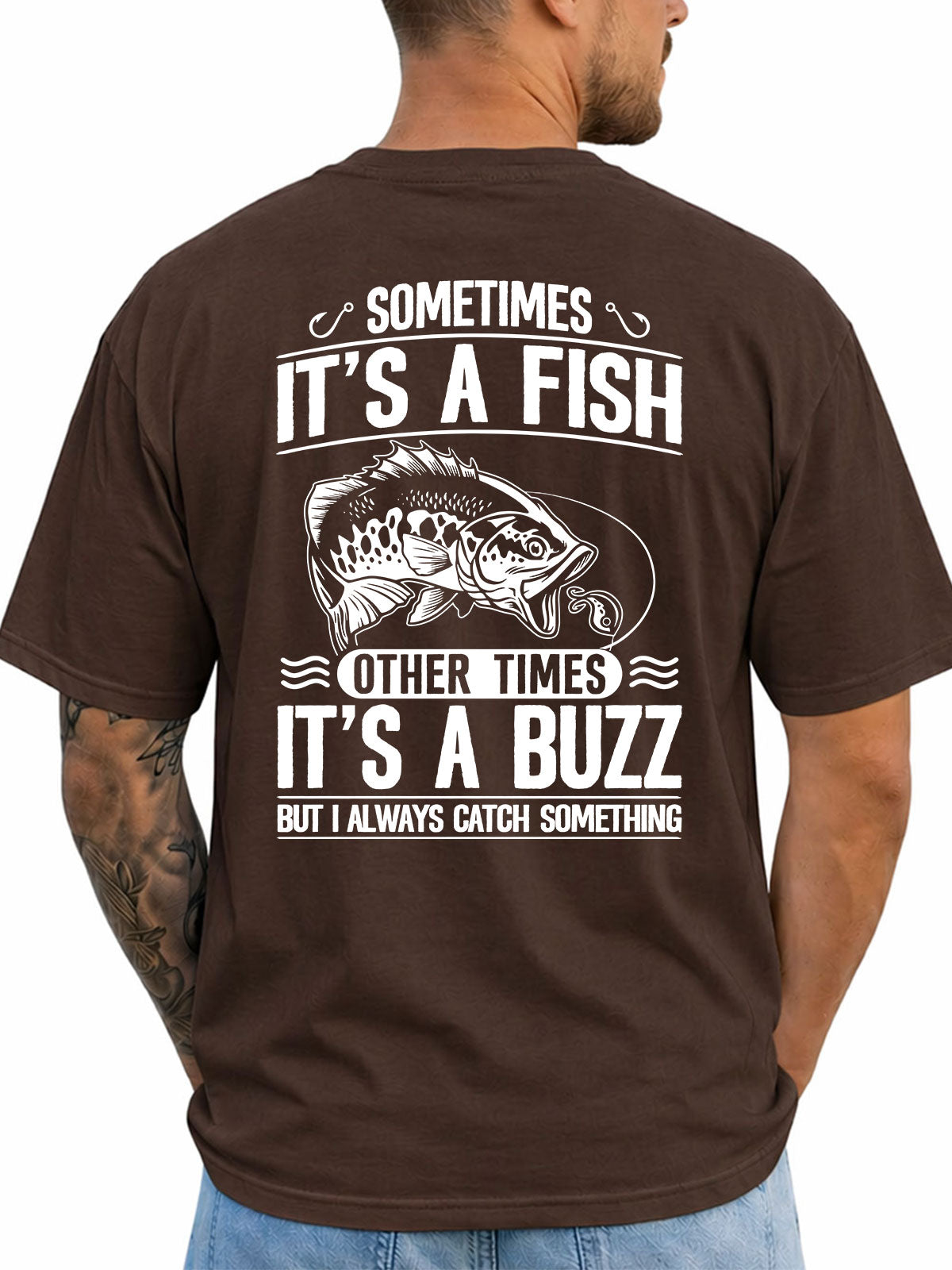 Dark Chocolate T-shirt back with bass, lure, and fish-or-buzz adult fishing joke