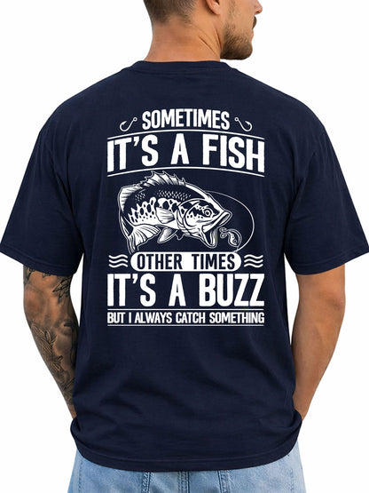 Navy T-shirt back with bass, lure, and fish-or-buzz adult fishing joke