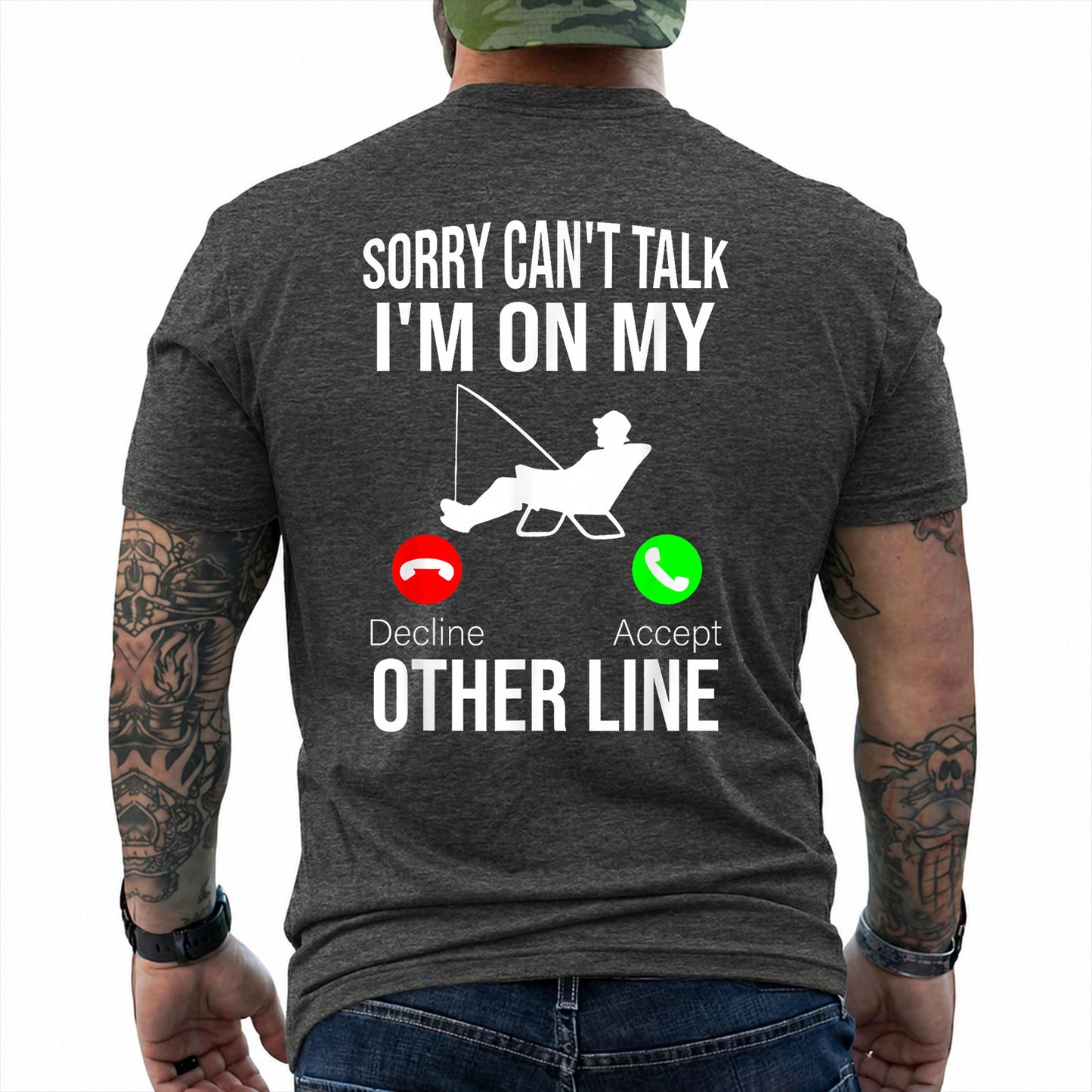 Dark Heather T-shirt back with seated angler, fishing line, and phone-call Other Line joke