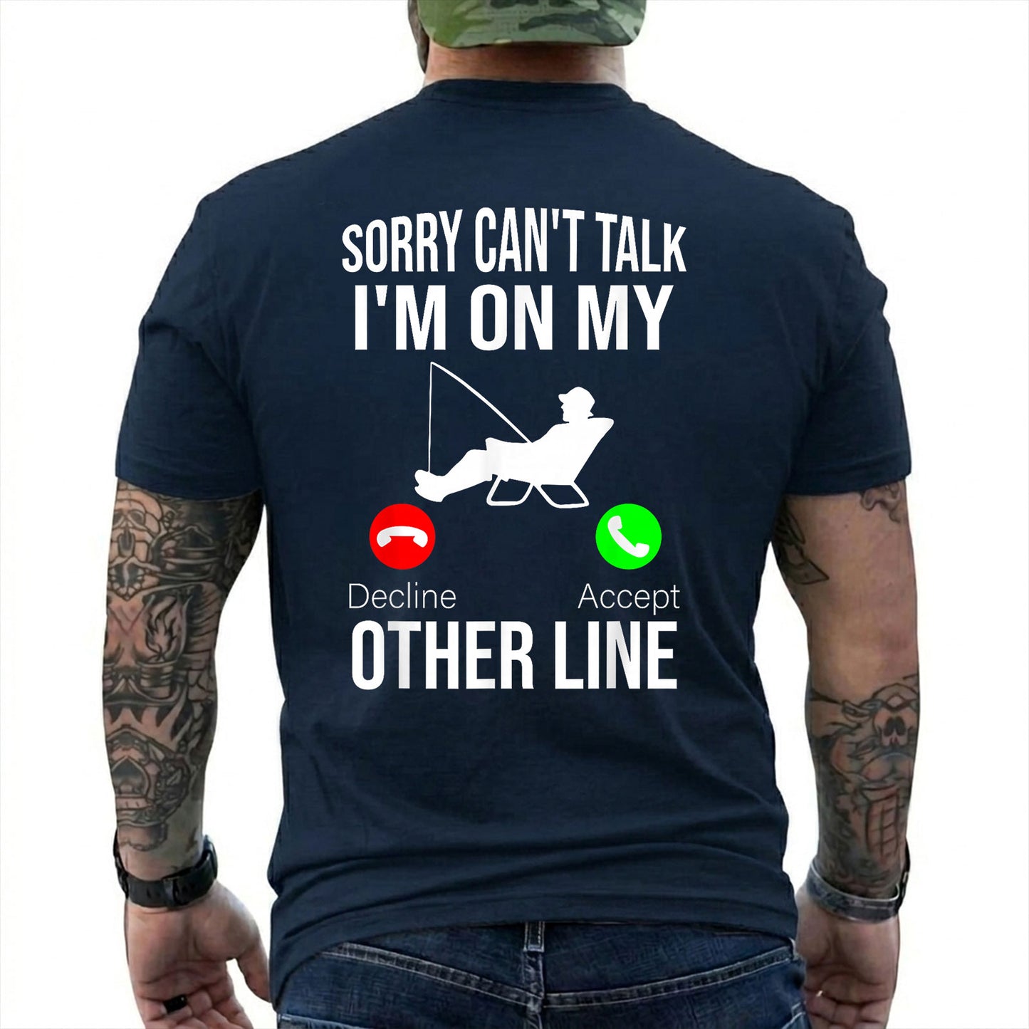 Forest Green T-shirt back with seated angler, fishing line, and phone-call Other Line joke
