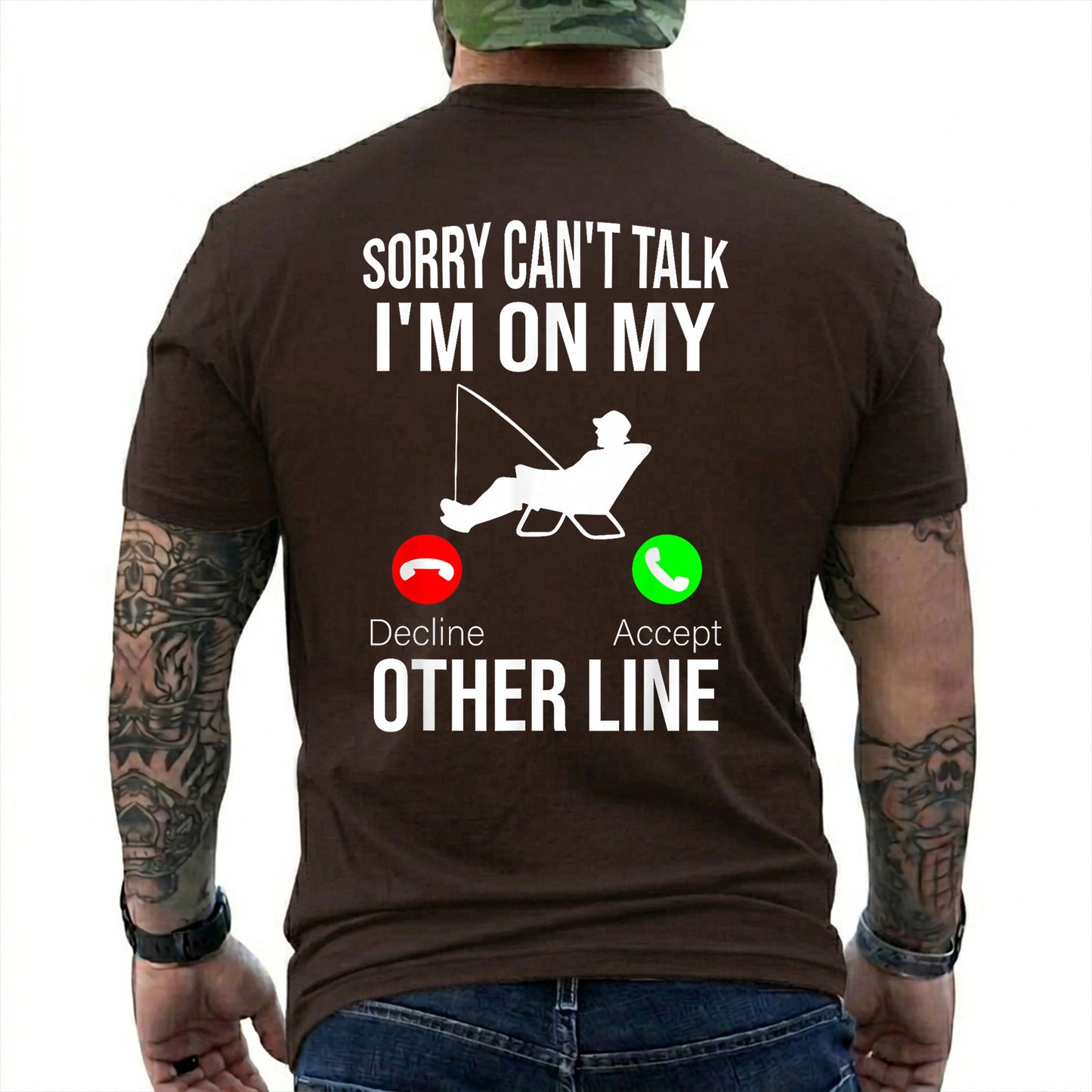 Dark Chocolate T-shirt back with seated angler, fishing line, and phone-call Other Line joke