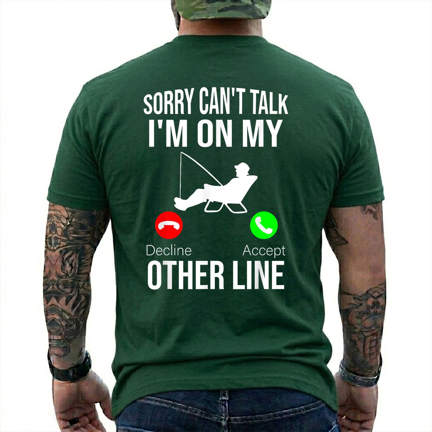 Navy T-shirt back with seated angler, fishing line, and phone-call Other Line joke