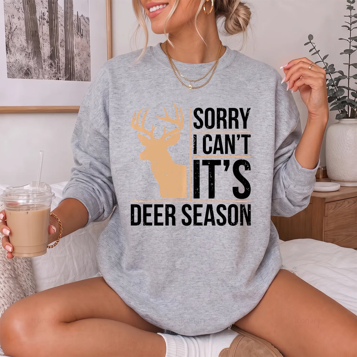 Sorry I Cant Its Deer Season Sweatshirt Women model in Sport Grey