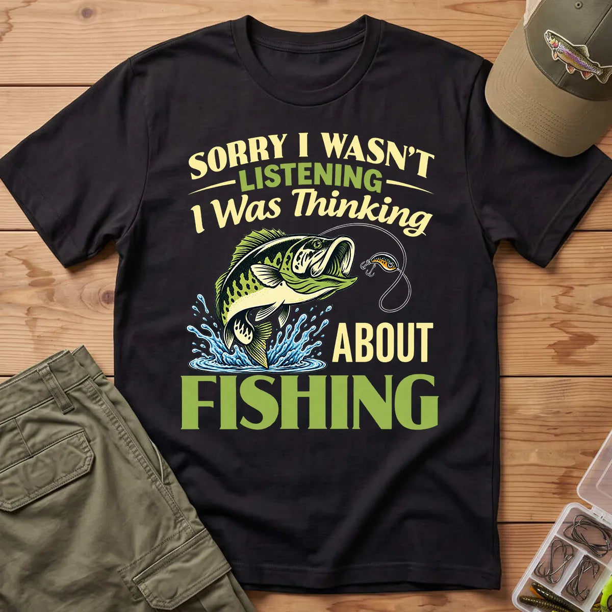 Sorry I Was Thinking About Fishing T-Shirt in Black
