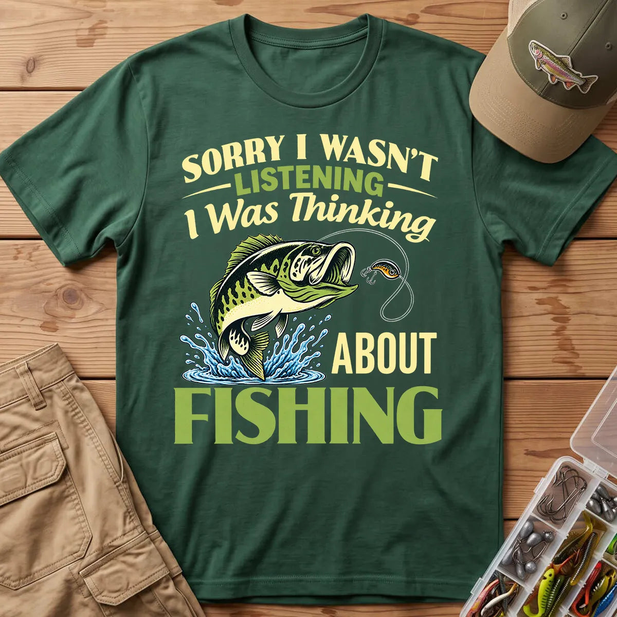 Sorry I Was Thinking About Fishing T-Shirt in Forest Green