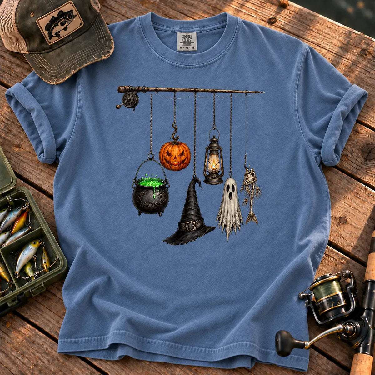 Spooky Fishing Pole Halloween T-Shirt in Blue Jean