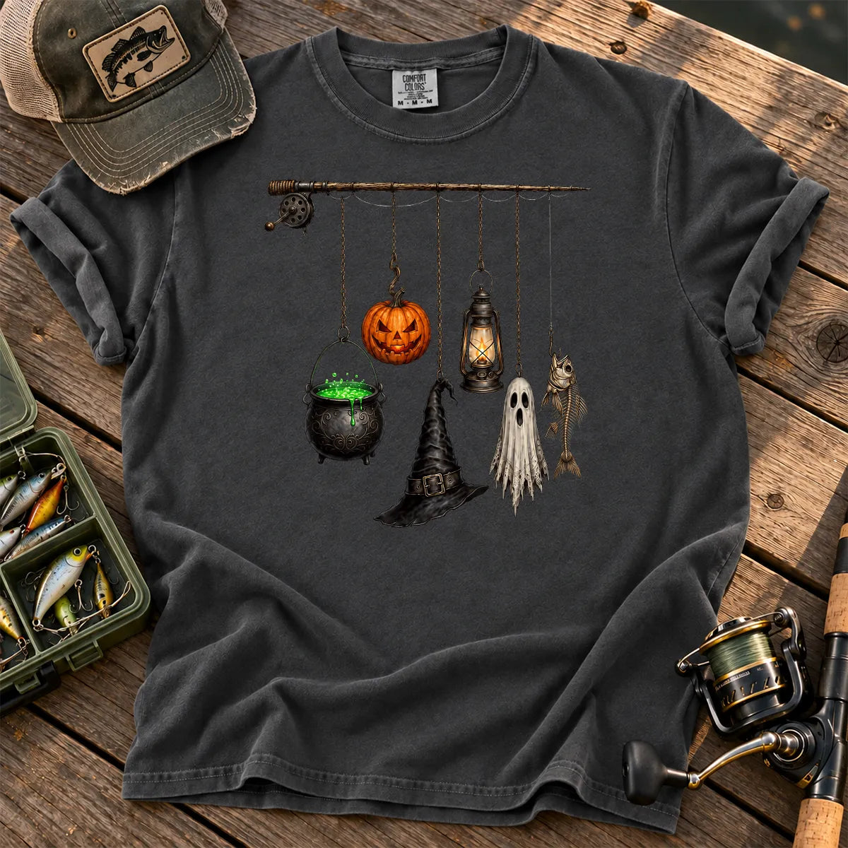 Spooky Fishing Pole Halloween T-Shirt in Pepper