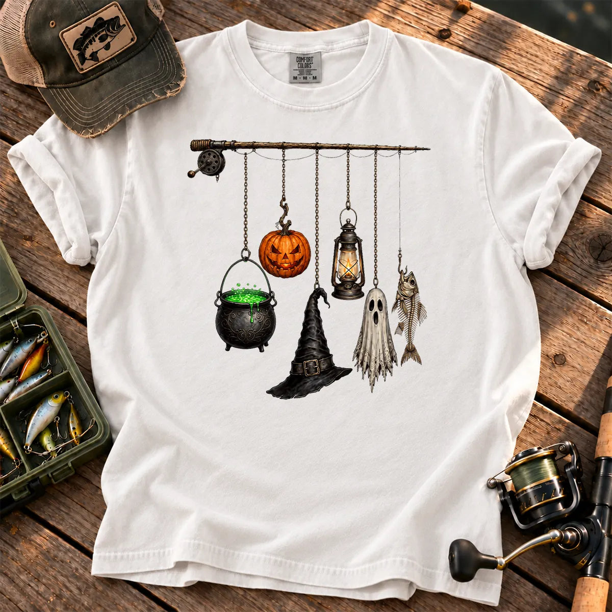 Spooky Fishing Pole Halloween T-Shirt in White