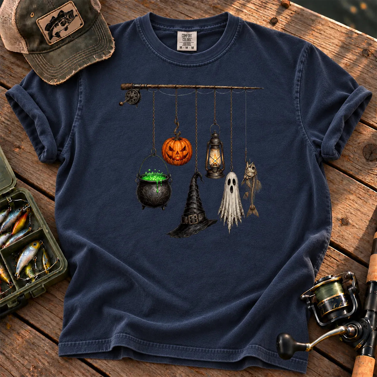 Spooky Fishing Pole Halloween T-Shirt in True Navy