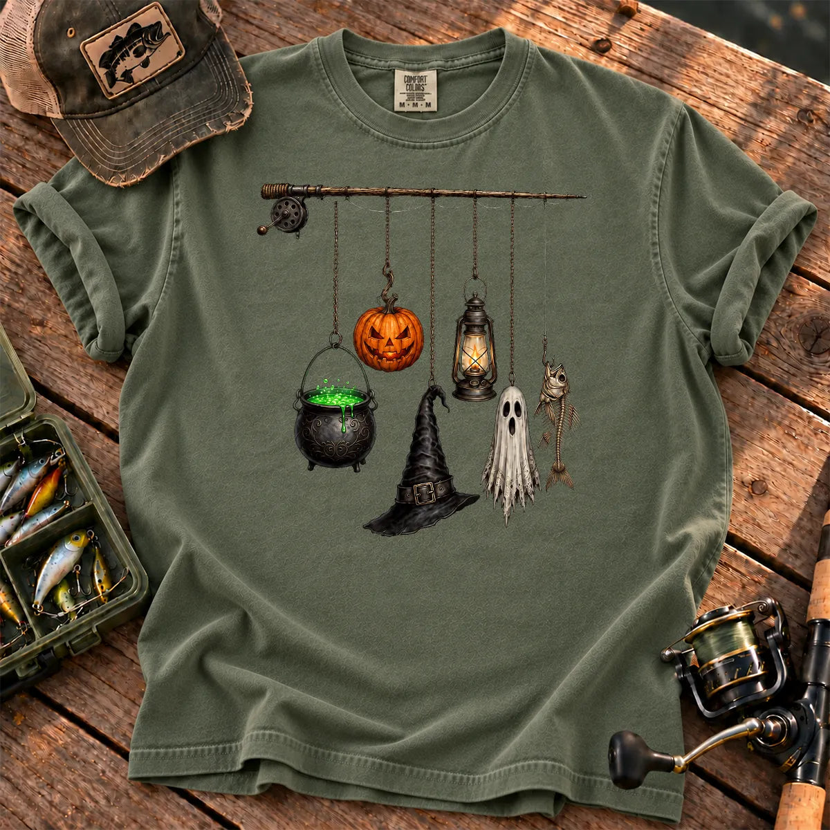 Spooky Fishing Pole Halloween T-Shirt in Moss