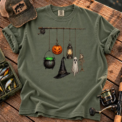 Spooky Fishing Pole Halloween T-Shirt in Moss